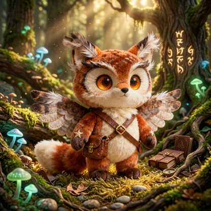 Peluche Búho-Zorro Alado — "Mensajero del Bosque" (Muñeco Fantástico de Colección)